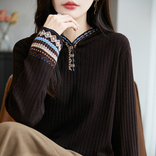 复古民族风提花连帽针织衫女2026春季薄款长袖修身显瘦打底衫上衣