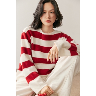 沈梦辰明星同款条纹山羊绒衫女秋冬新款韩系宽松慵懒风羊毛衫毛衣