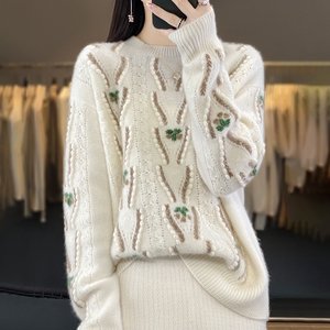 秋冬新款100%纯羊绒衫女圆领手工钩花毛衣宽松慵懒羊毛针织打底衫