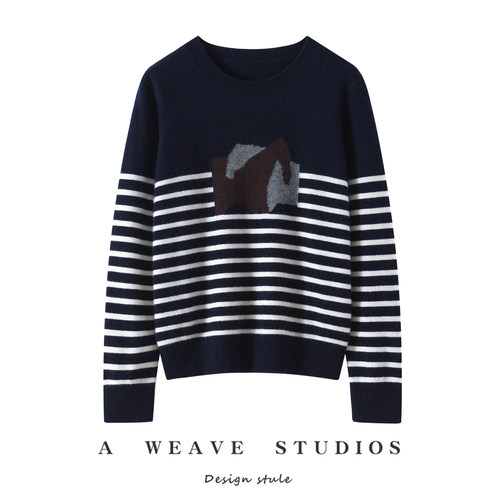 2025新款套头条纹拼色针织衫女圆领宽松长袖毛衣宽松洋气山羊绒衫