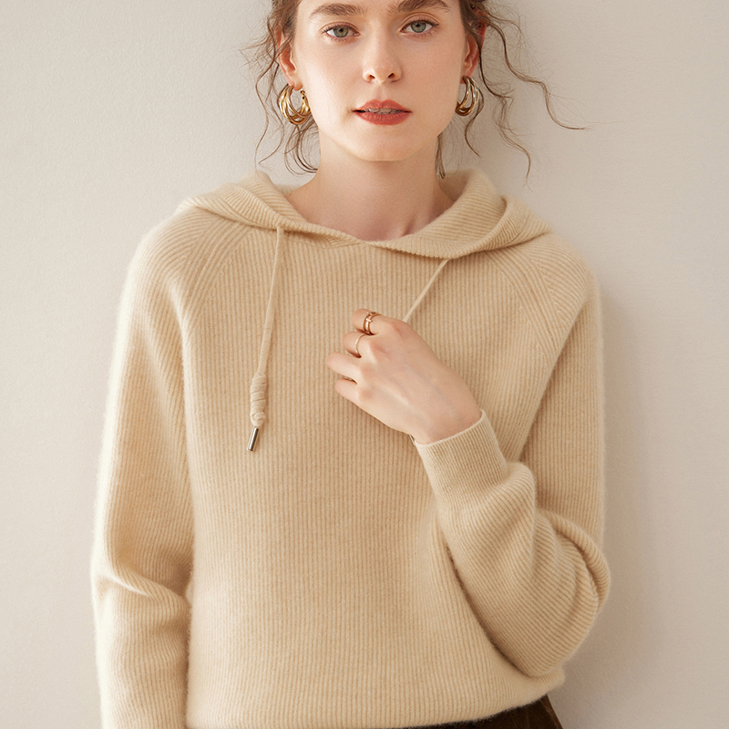 秋冬连帽羊绒衫女宽松休闲软糯毛衣时尚百搭羊毛帽衫纯色针织卫衣