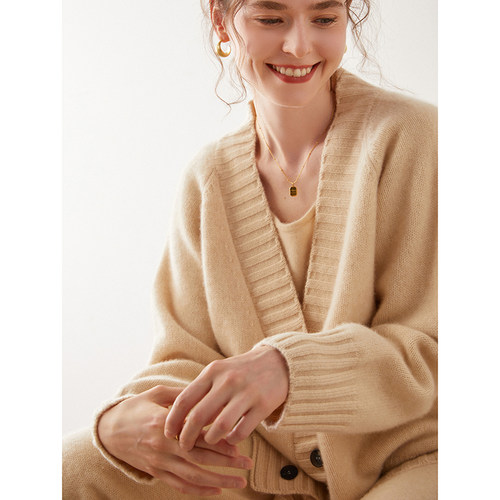 马吉拉同款baby小山羊绒开衫女秋冬V领中长款加厚宽松慵懒风外套