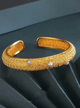 沙金饰品团花锦绣手镯女款宫廷风花丝珍珠手环新中式手饰饰品