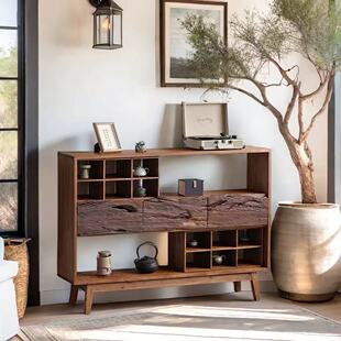 侘寂风餐边柜茶杯架茶室置物架复古博古架实木储物柜展示架玄关柜