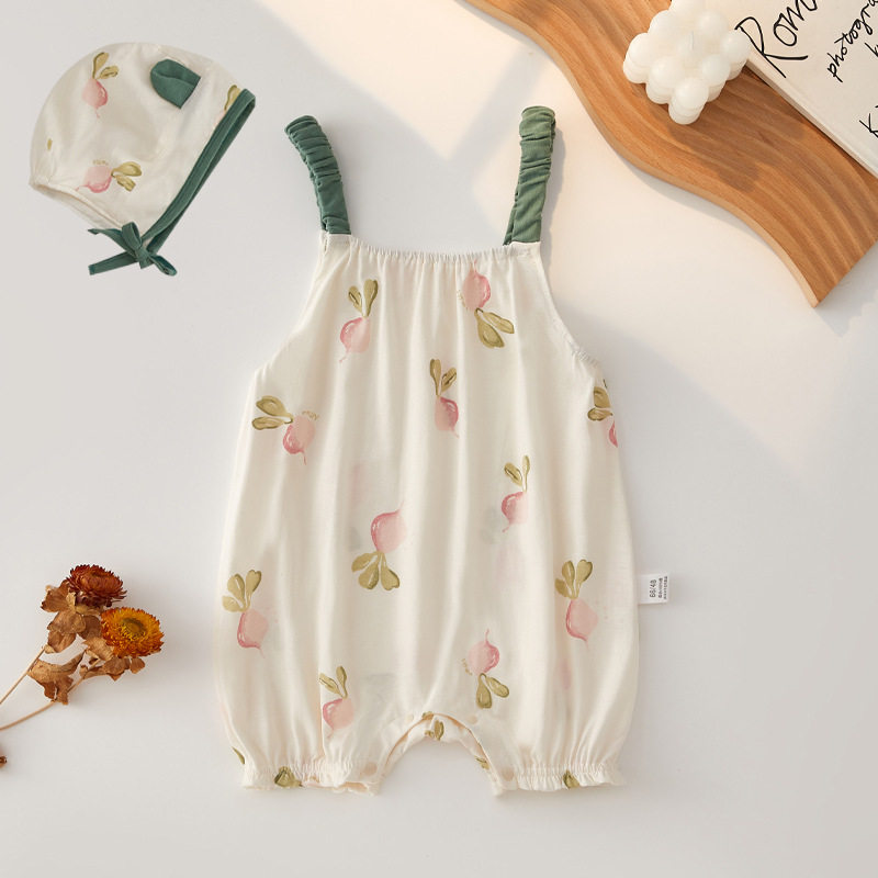 颗粒熊婴儿夏季薄款吊带无袖连体衣女宝宝纯棉哈衣爬服睡衣配帽子