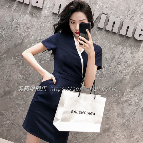 黑色V领连衣裙2024新款夏季短袖职业装气质珠宝店工作服裙子