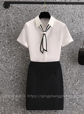 白色衬衫女2023新款短袖夏V领上衣雪纺领带衬衣女士修身职业套装