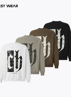 CH丨斑驳印花圆领卫衣男秋款复古做旧logo休闲超宽松套头上衣外套