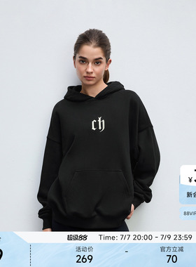 Chinism CAS字母印花黑色连帽卫衣男生春季情侣宽松帽衫美式外套
