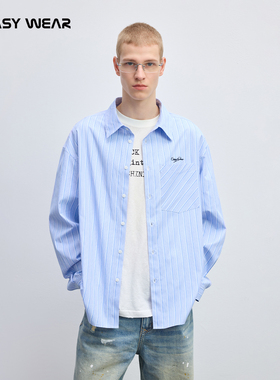 CH丨 蓝色条纹翻领衬衫男春季宽松休闲男士绣花衬衣外套