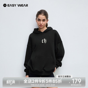 外套男生休闲上衣 美式 CH字母印花黑色连帽卫衣男春季 情侣宽松帽衫