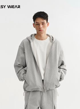 CH丨灰色重磅连帽开衫卫衣男秋美式潮牌宽松休闲简约加厚拉链外套