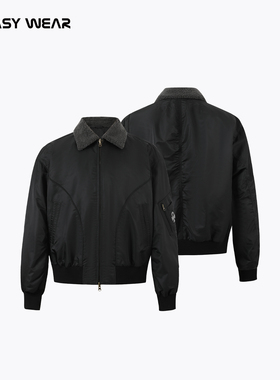 CH丨羊羔毛巴恩风翻领夹克男秋季新美式宽松短款男士黑色休闲外套