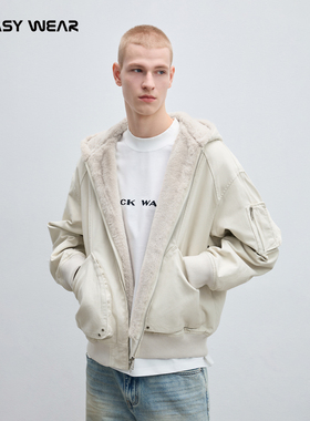 CH丨 拼毛料宽松连帽棉服男秋冬季新款休闲工装飞行夹克