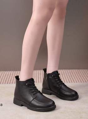 浦发女靴2023冬薄绒18133马丁靴低跟圆头侧拉链厚毛18132系带短靴