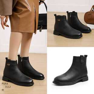 浦发软底低跟加绒短靴2025新鞋3112软皮中分线侧拉链带扣圆头女靴