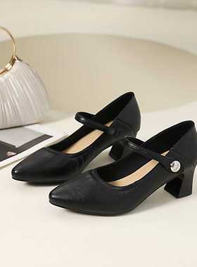 浦发防滑软底高跟单鞋2025秋款55028软皮尖头一字带扣魔术贴女鞋