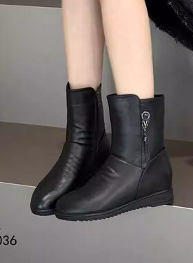 浦发防滑软底内增高加绒短靴2025冬新款66036软哑光皮侧拉链女靴