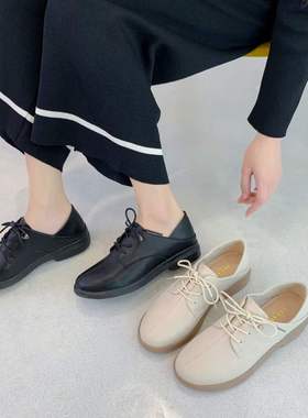 浦发女鞋2022秋新款小皮鞋16059低跟圆头中线软皮系带学院风单鞋