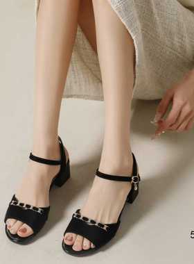 浦发防滑中跟凉鞋2025夏款52033软皮波浪边镶钻一字带扣吊钻女鞋