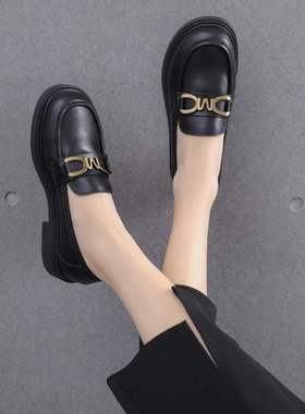 浦发中跟女鞋2023秋新款小皮鞋18072软皮圆头防滑软底金色扣单鞋