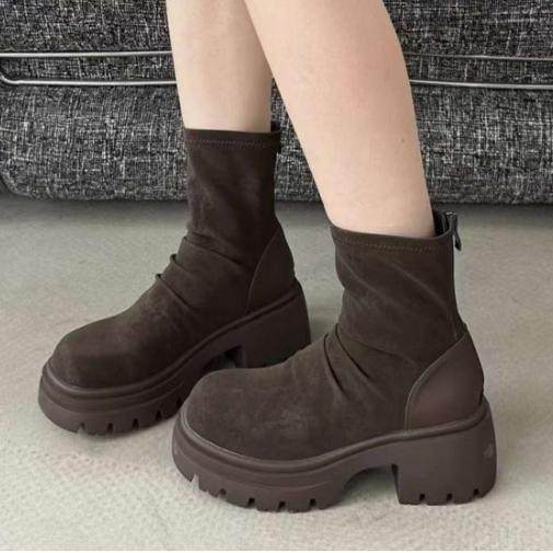 巨日短靴绒面褶皱秋冬靴2024新2554615软厚底防水台高跟加绒女靴,女鞋,弹力靴/袜靴,淘宝优惠券,粉丝福利购,淘宝优惠卷