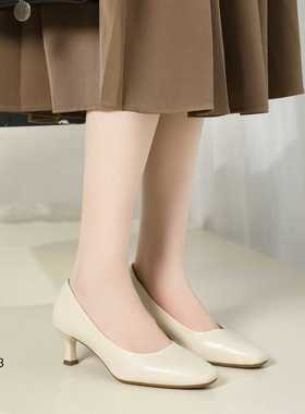 浦发防滑软底细中高跟单鞋2025秋新55023软亮皮方头简约上班女鞋
