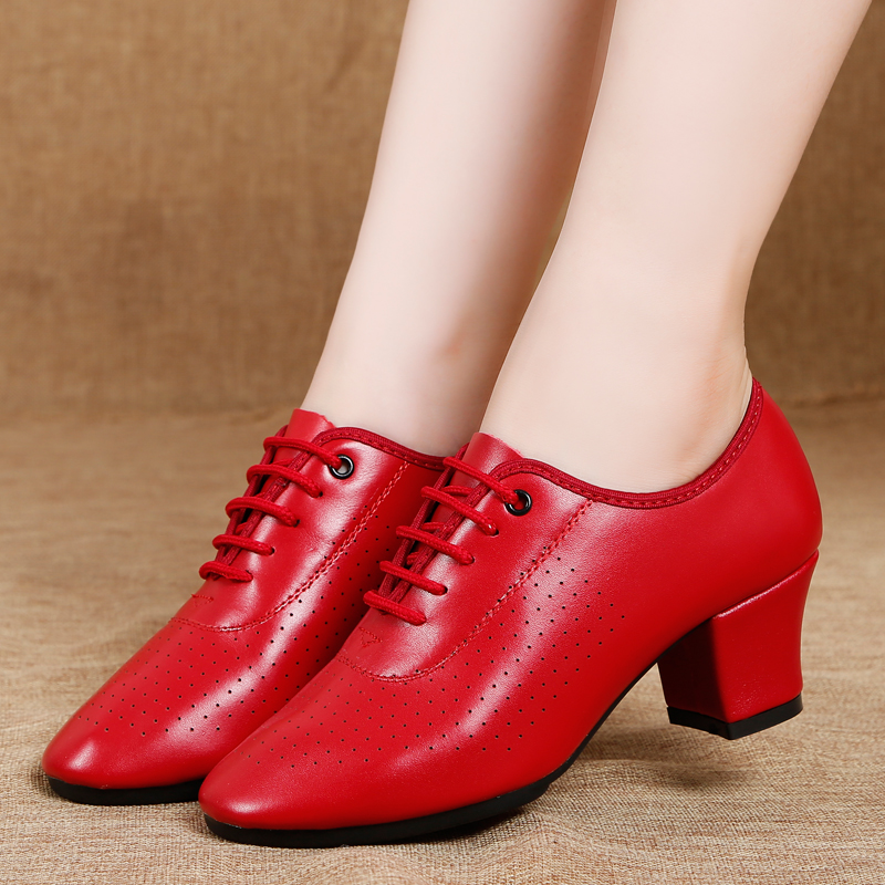 时尚外穿舞蹈鞋带跟拉丁舞鞋新款真皮水兵舞室外女士交谊广场舞鞋