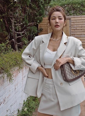 许路儿正品LUREHSU221184/221185宽松垫肩西装外套+中腰西裝裤裙