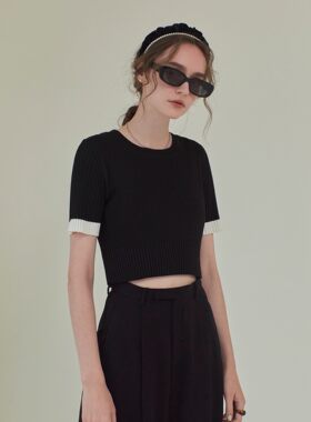 短袖休闲适中厚度撞色短款针织女