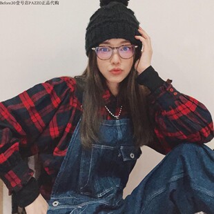 许路儿LUREHSU正品代购R202164澎袖格紋衬衫格子荷叶边蓬蓬袖衬衣