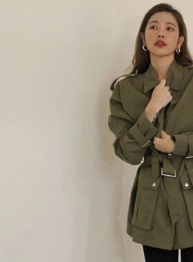 许路儿LURE HSU正品代购R212096 翻领绑带军绿风衣短外套秋冬新品