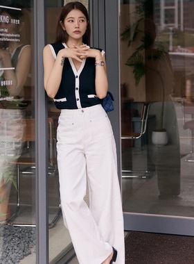 许路儿LUREHSU正品代购R241020白色直筒丹宁九分裤白牛仔高腰阔腿