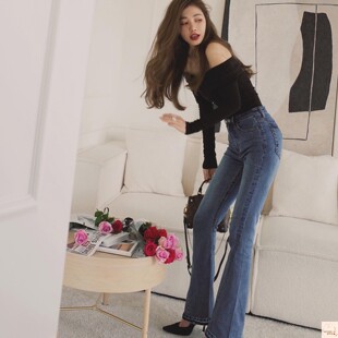 许路儿代购 LUREHSU R212168 喇叭裤弹性丹宁牛仔短裤新品女
