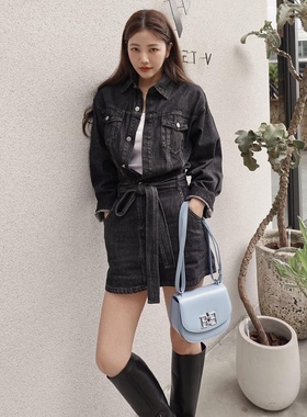 许路儿LUREHSU正品代购R231004修身丹宁牛仔黑色帅气衬衫连衣裙