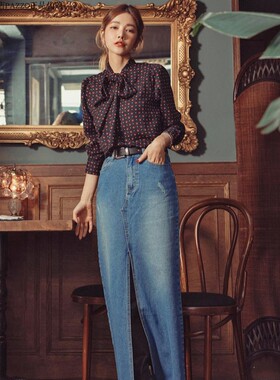 许路儿正品 LURE HSU R192043  前开岔牛仔长裙半身裙显瘦铅笔裙