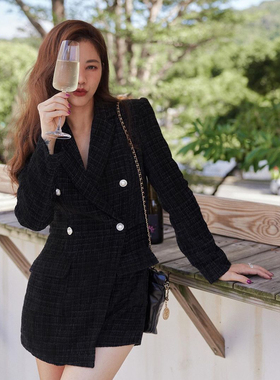 许路儿LUREHSU正品代购R232142花呢西裝领连身短裤格纹连体厚套装