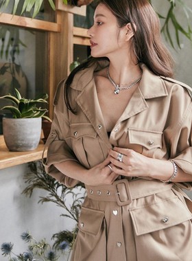 许路儿正品LUREHSU R221002翻领大口袋短风衣衬衫长袖春夏外套女