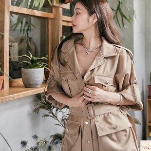 许路儿正品LUREHSU R221002翻领大口袋短风衣衬衫长袖春夏外套女