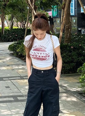 许路儿LUREHSU正品代购R231195 露脐纯棉夏女士合身美式短版T恤