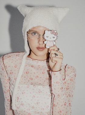 PAZZO正品代购PA1A01004HELLO KITTY碎花网纱透肤上衣打底微透