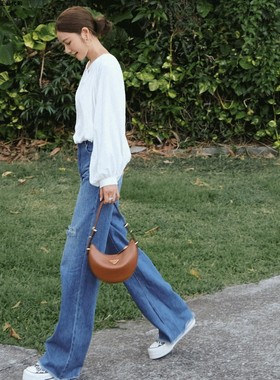 许路儿LUREHSU正品代购R231238高腰直筒百搭显瘦破损宽松丹宁长裤