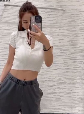 许路儿LUREHSU正品代购R231156 白色POLO领针织短款修身显瘦上衣