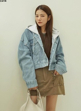 许路儿LUREHSU正品代购R232082 连帽拼接牛仔外套短风衣夹克秋冬