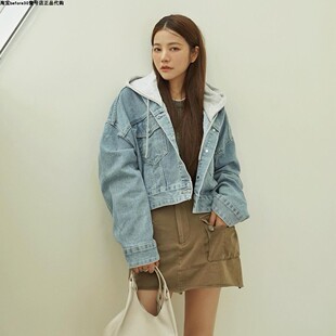 许路儿LUREHSU正品代购R232082 连帽拼接牛仔外套短风衣夹克秋冬