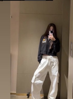 许路儿LUREHSU正品代购R231098白色运动收口宽松大口袋休闲棉裤