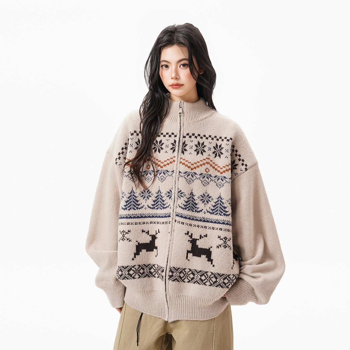 美式重磅费尔岛立领毛衣开衫女男冬季复古松弛感保暖拉链针织外套