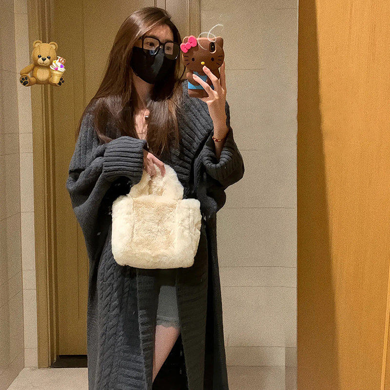 法式慵懒风灰色中长版毛衣外套女春秋季2025新款宽松外穿针织开