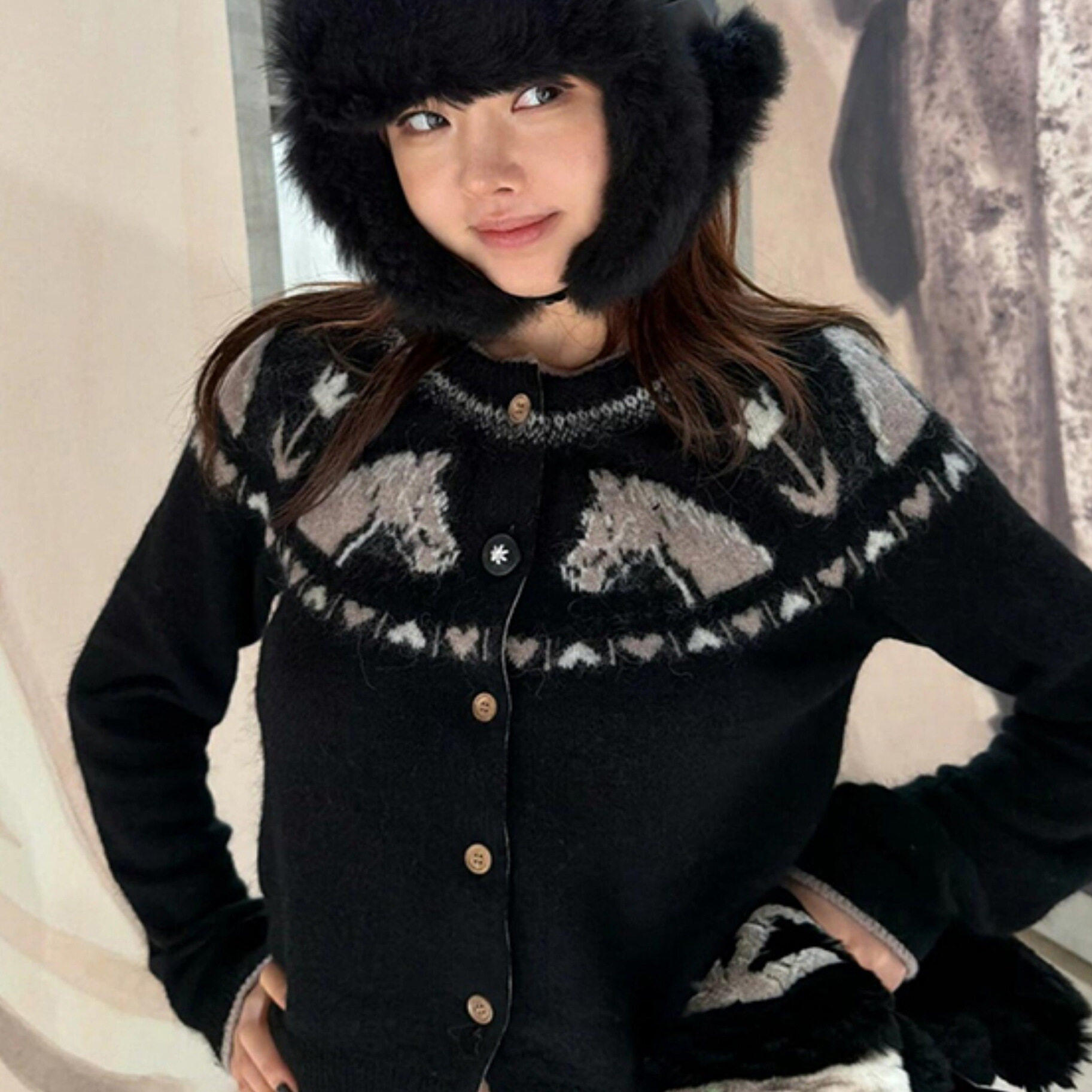 费尔岛毛衣外套女秋冬穿搭小马提花圆领针织开衫修身显瘦辣妹上衣