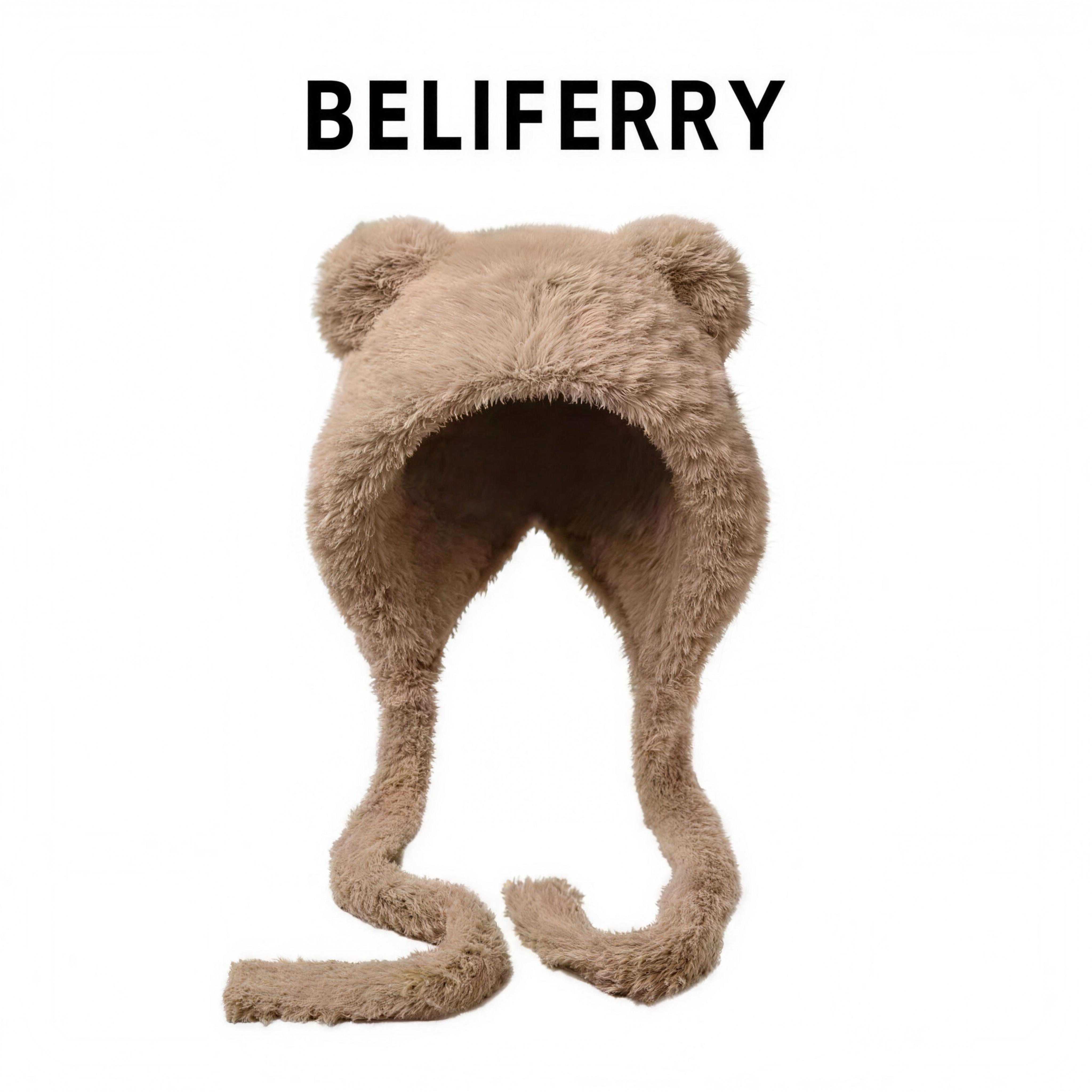 BELIFERRY毛绒小熊帽子女冬季可爱护耳保暖显脸小男女通用雷锋帽.